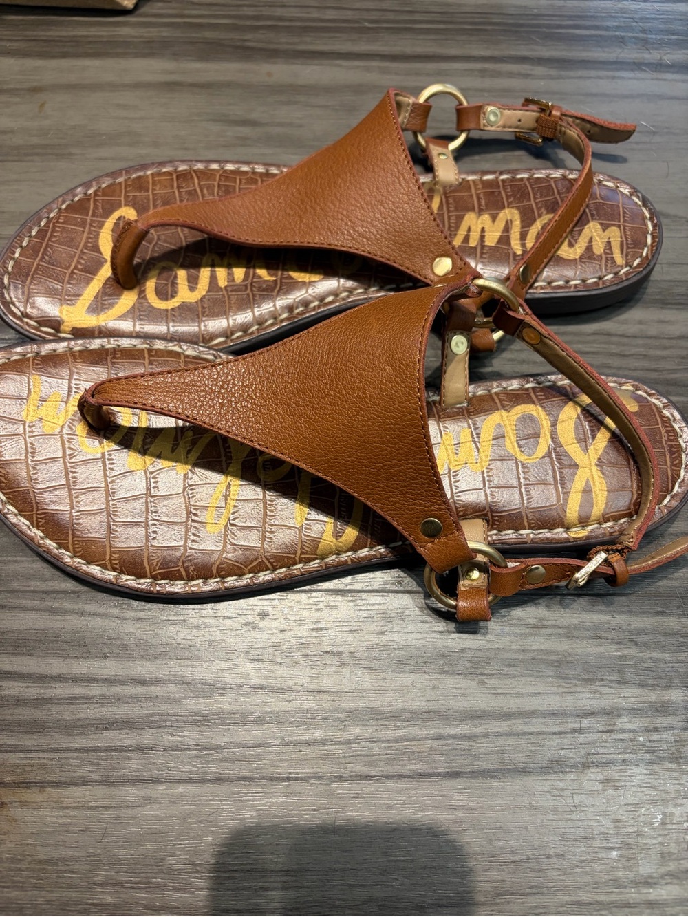 Sam Edelman Brown Leather T-Strap Sandals with Gold Rings